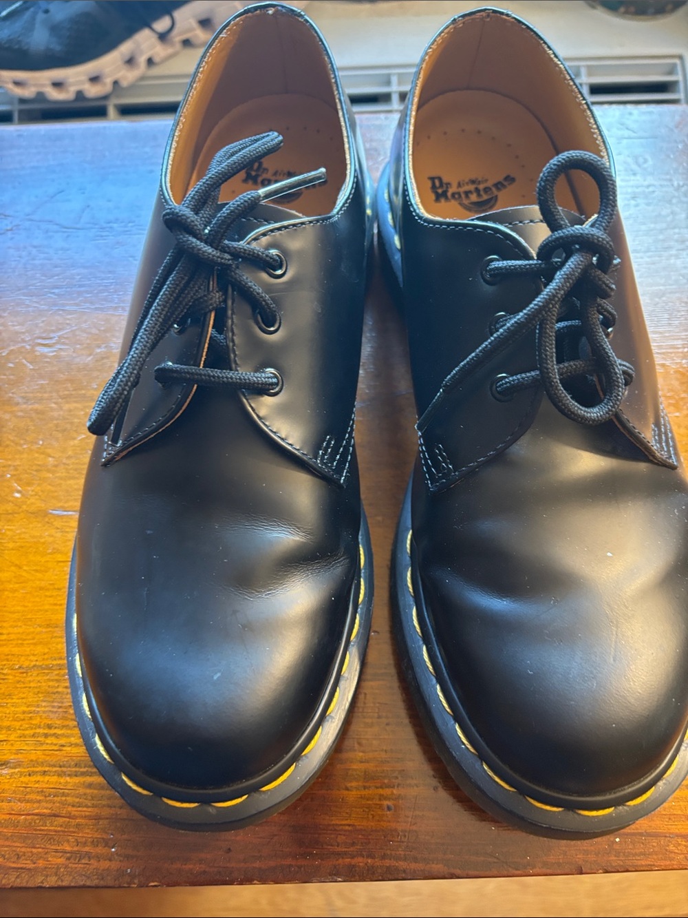Dr. Martens Black Leather 3-Eye Oxford with Yellow Stitching
